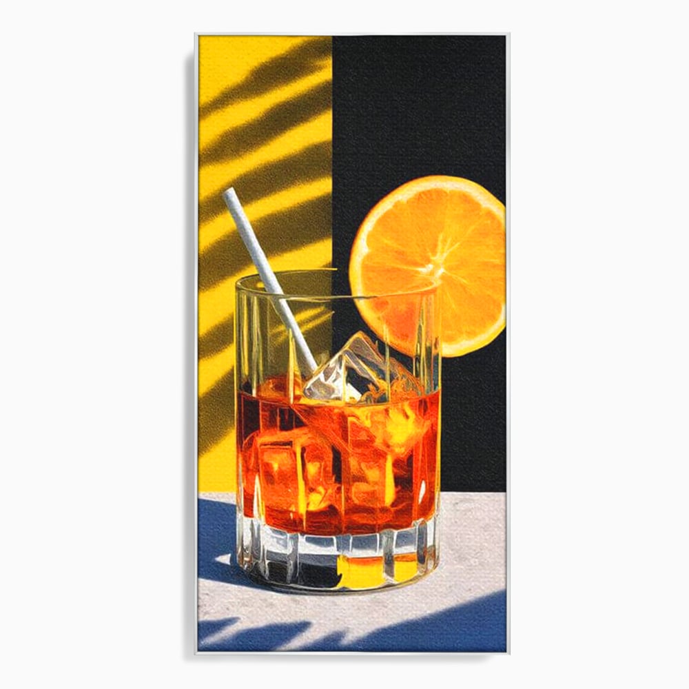 Tablou canvas cu ilustratie cu pahar de cocktail si portocala, in rama de aluminiu argintiu