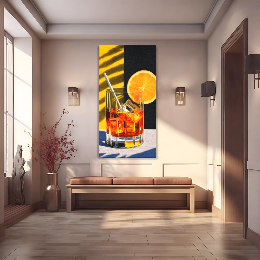 Tablou canvas cu ilustratie cu pahar de cocktail si portocala, fara rama, pe sasiu de lemn