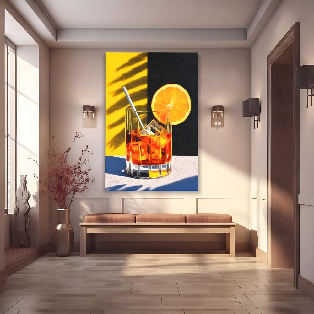 Tablou canvas cu ilustratie cu pahar de cocktail si portocala, fara rama, pe sasiu de lemn