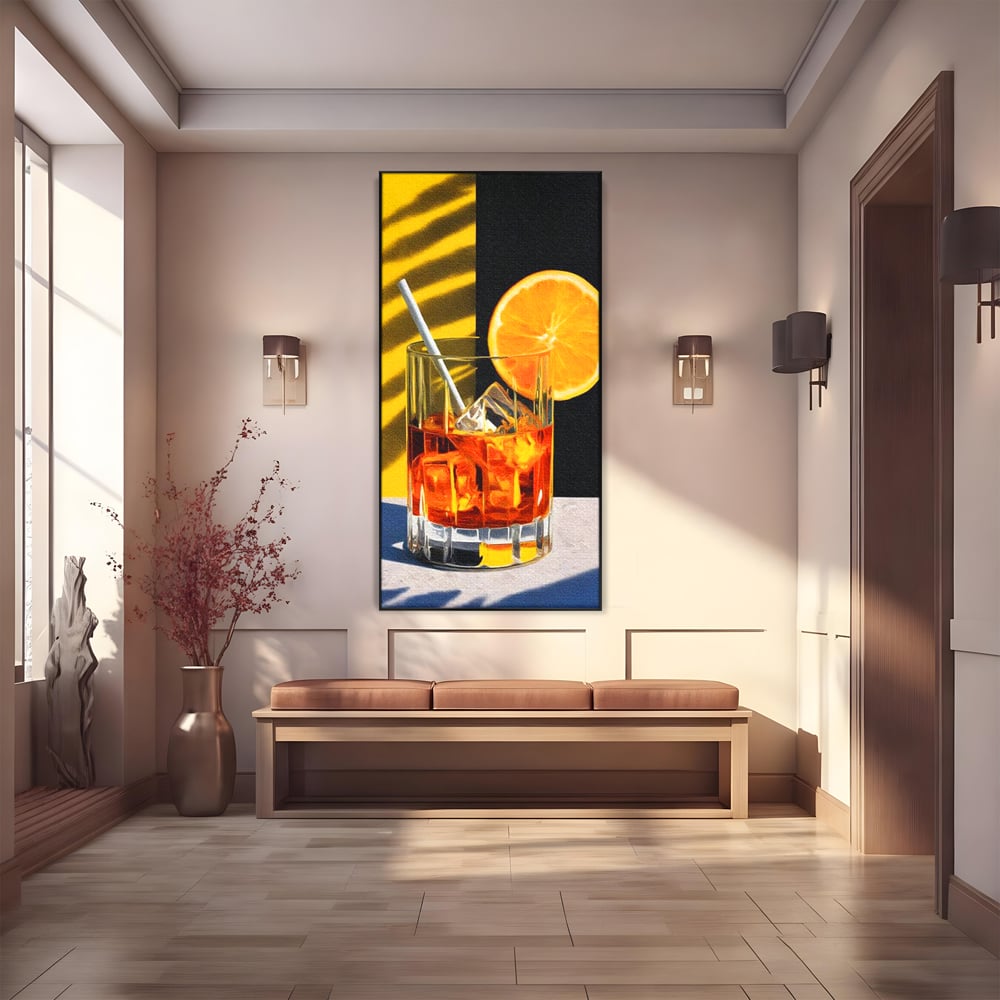 Tablou canvas cu ilustratie cu pahar de cocktail si portocala, in rama de aluminiu negru