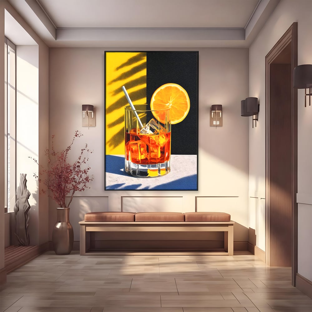 Tablou canvas cu ilustratie cu pahar de cocktail si portocala, in rama de aluminiu negru