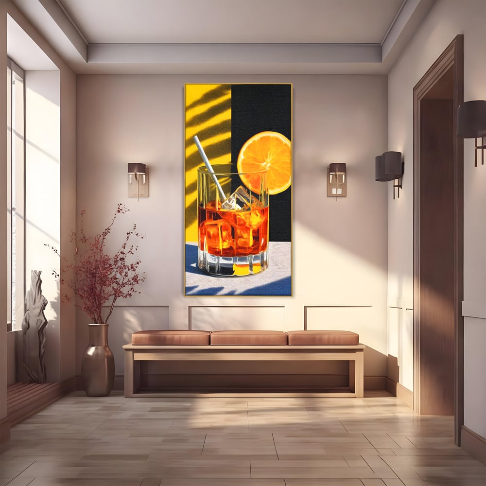 Tablou canvas cu ilustratie cu pahar de cocktail si portocala, in rama de aluminiu auriu