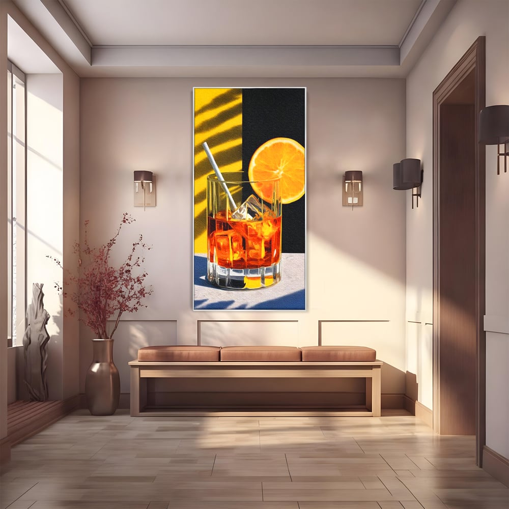 Tablou canvas cu ilustratie cu pahar de cocktail si portocala, in rama de aluminiu argintiu