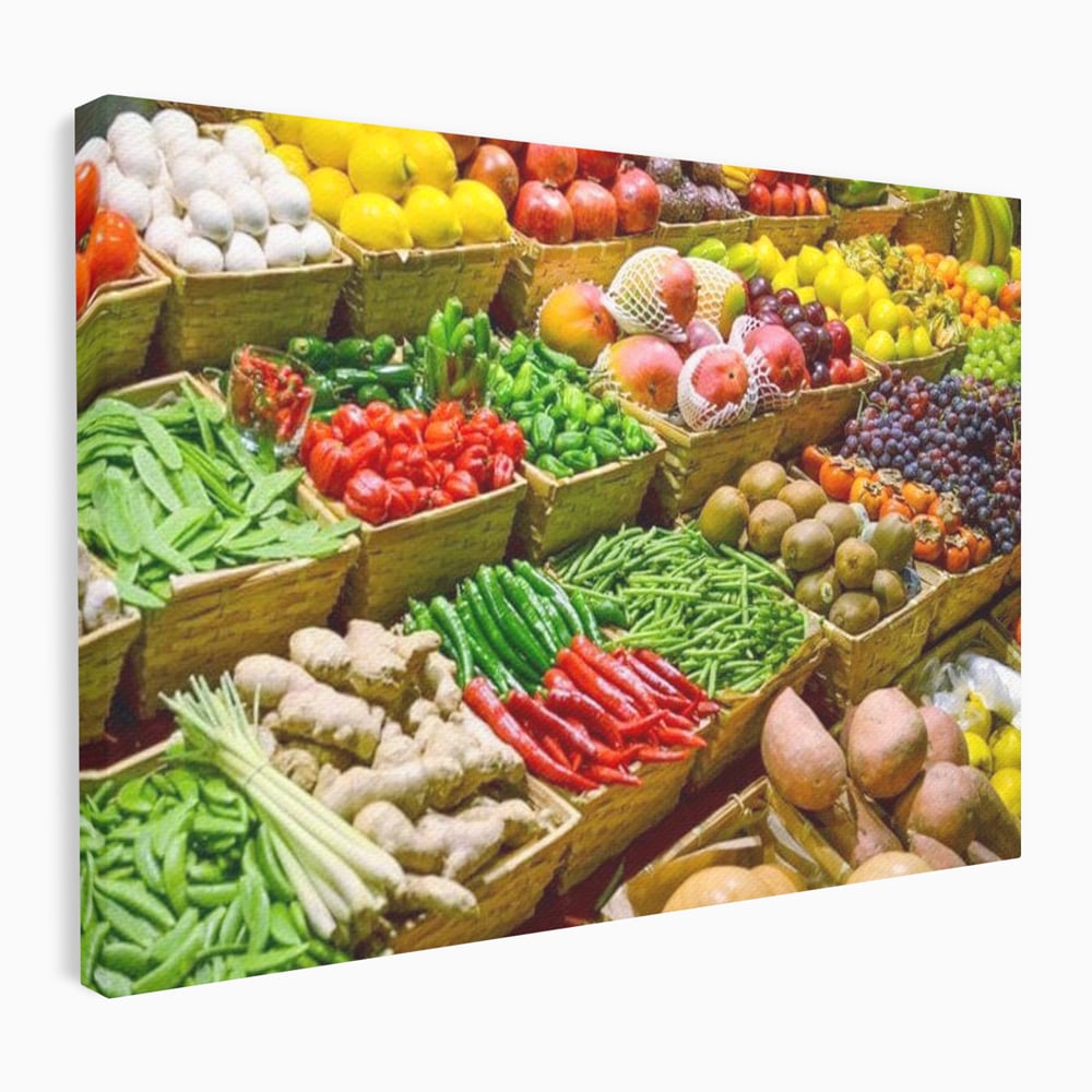 Tablou canvas cu tablou canvas cu legume si fructe proaspete, fara rama, pe sasiu de lemn