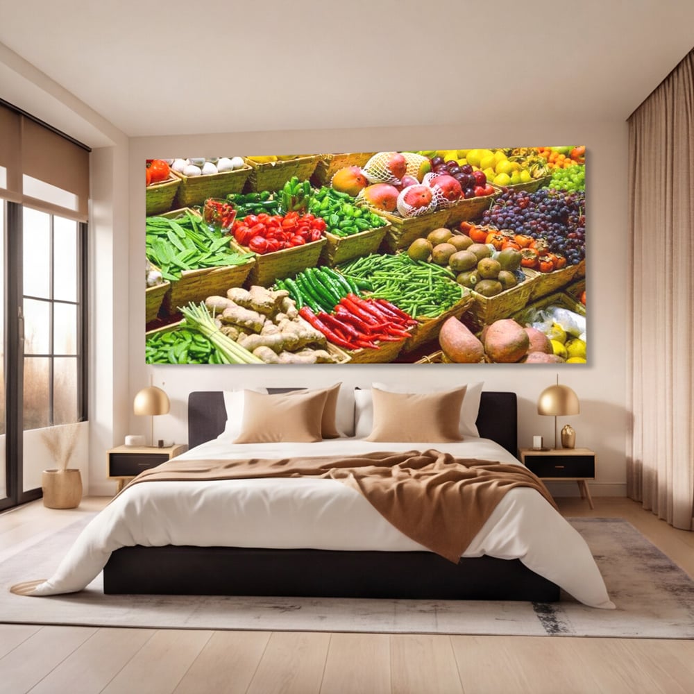 Tablou canvas cu tablou canvas cu legume si fructe proaspete, fara rama, pe sasiu de lemn, pe perete intr-un dormitor