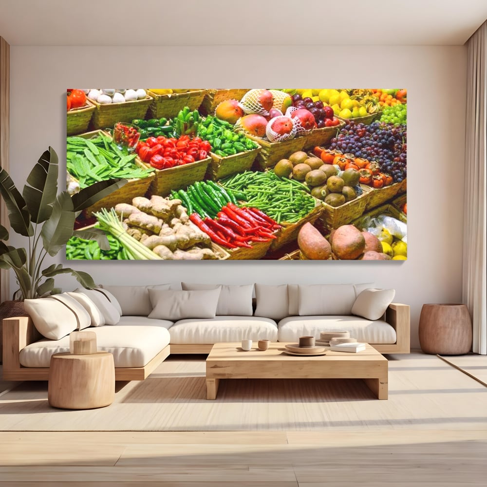 Tablou canvas cu tablou canvas cu legume si fructe proaspete, fara rama, pe sasiu de lemn, pe perete intr-un living