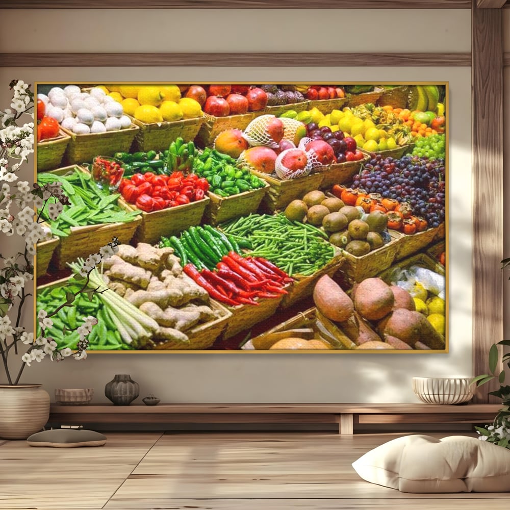Tablou canvas cu tablou canvas cu legume si fructe proaspete, in rama de aluminiu auriu
