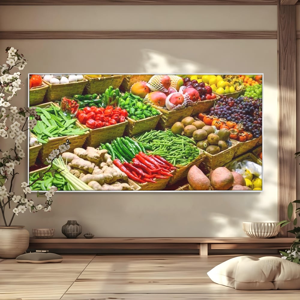 Tablou canvas cu tablou canvas cu legume si fructe proaspete, in rama de aluminiu argintiu