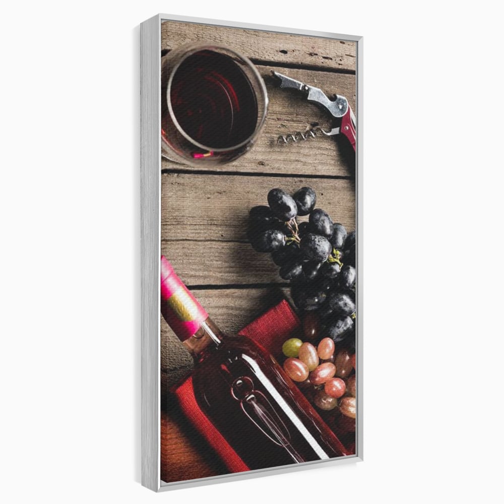Tablou canvas cu natura statica cu sticla de vin si struguri, in rama de aluminiu argintiu
