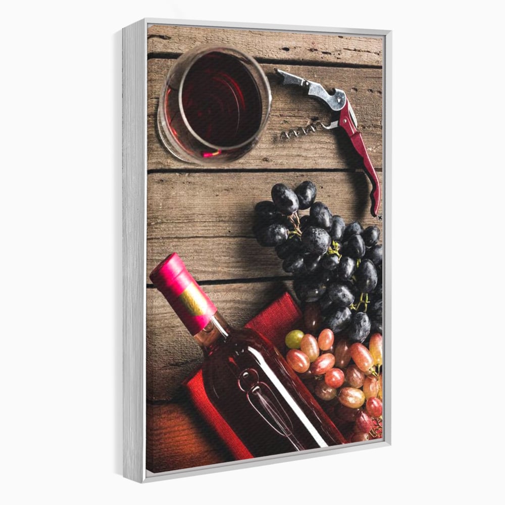 Tablou canvas cu natura statica cu sticla de vin si struguri, in rama de aluminiu argintiu
