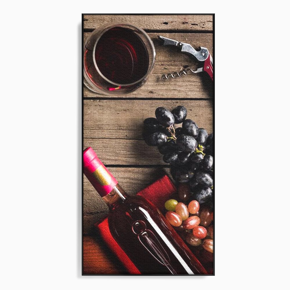 Tablou canvas cu natura statica cu sticla de vin si struguri, in rama de aluminiu negru