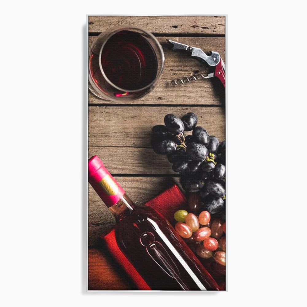 Tablou canvas cu natura statica cu sticla de vin si struguri, in rama de aluminiu argintiu