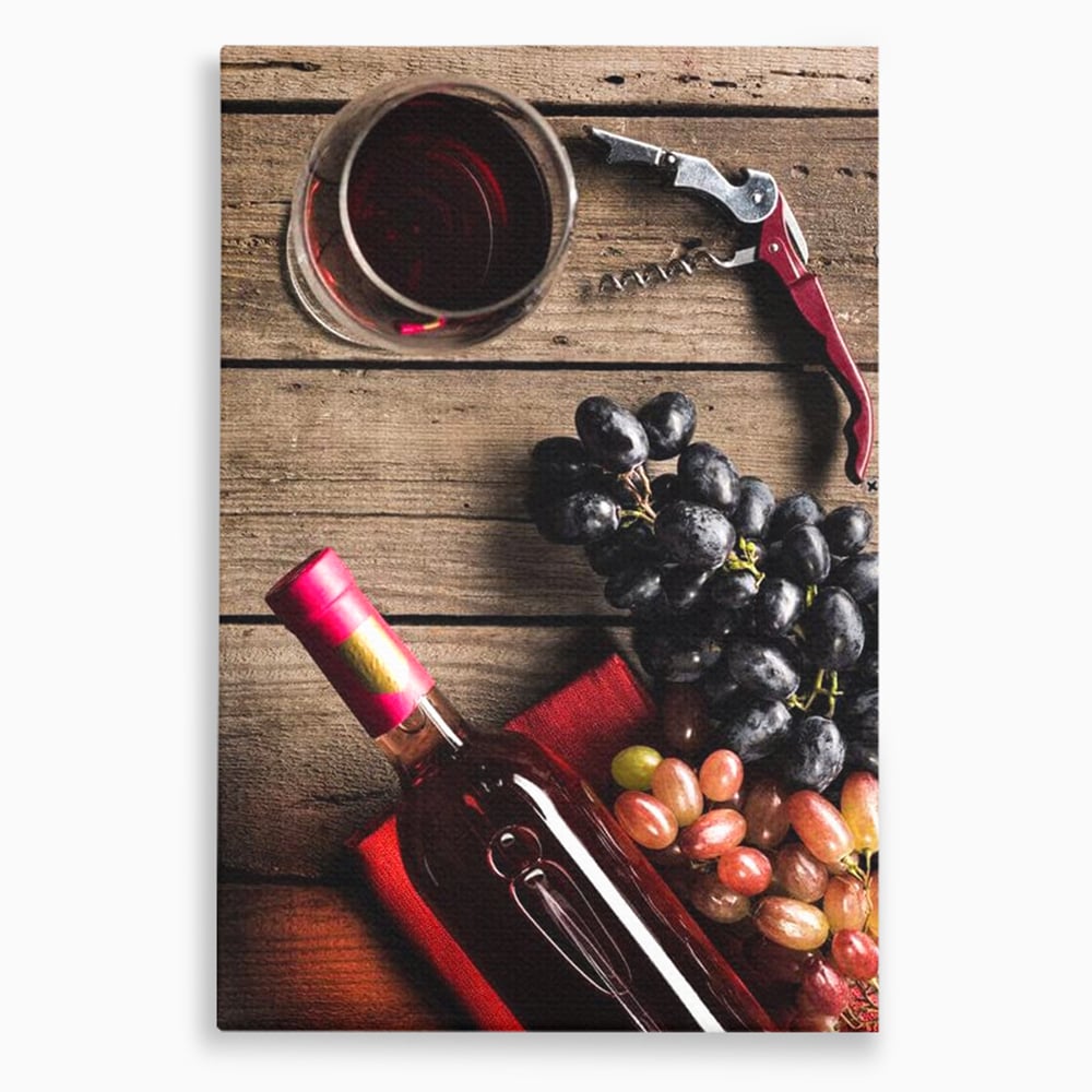 Tablou canvas cu natura statica cu sticla de vin si struguri, fara rama, pe sasiu de lemn