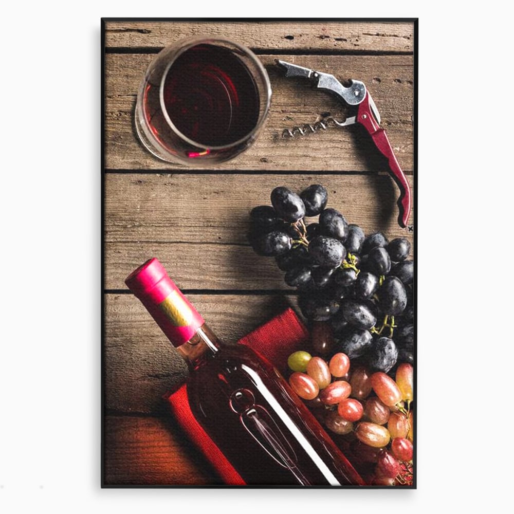 Tablou canvas cu natura statica cu sticla de vin si struguri, in rama de aluminiu negru