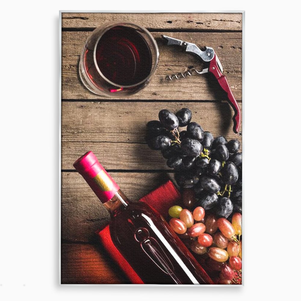 Tablou canvas cu natura statica cu sticla de vin si struguri, in rama de aluminiu argintiu