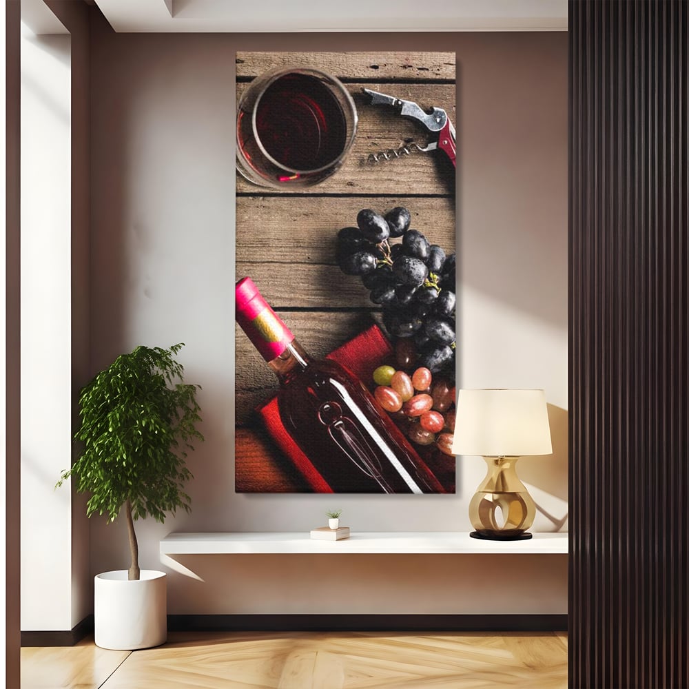 Tablou canvas cu natura statica cu sticla de vin si struguri, fara rama, pe sasiu de lemn