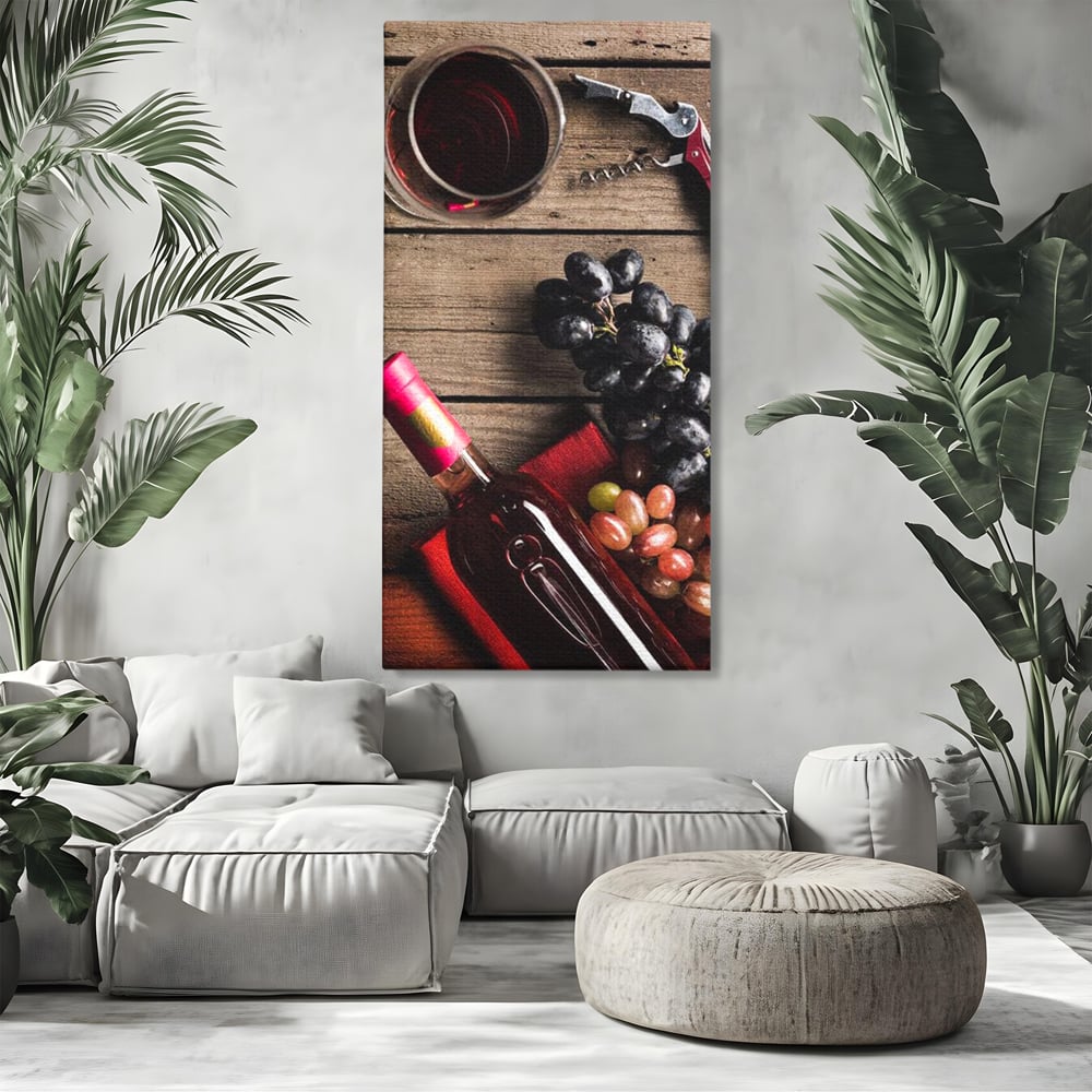 Tablou canvas cu natura statica cu sticla de vin si struguri, fara rama, pe sasiu de lemn, pe perete intr-un living