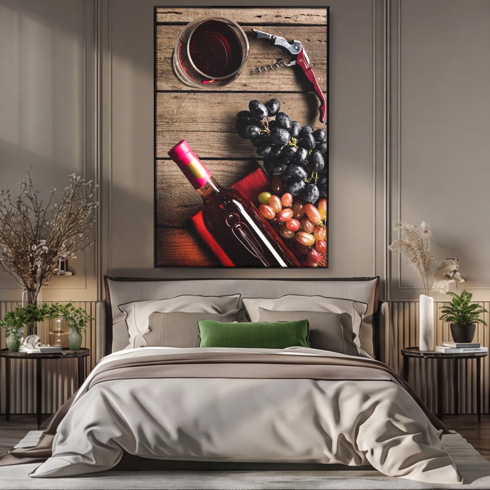 Tablou canvas cu natura statica cu sticla de vin si struguri, in rama de aluminiu negru, pe perete intr-un dormitor