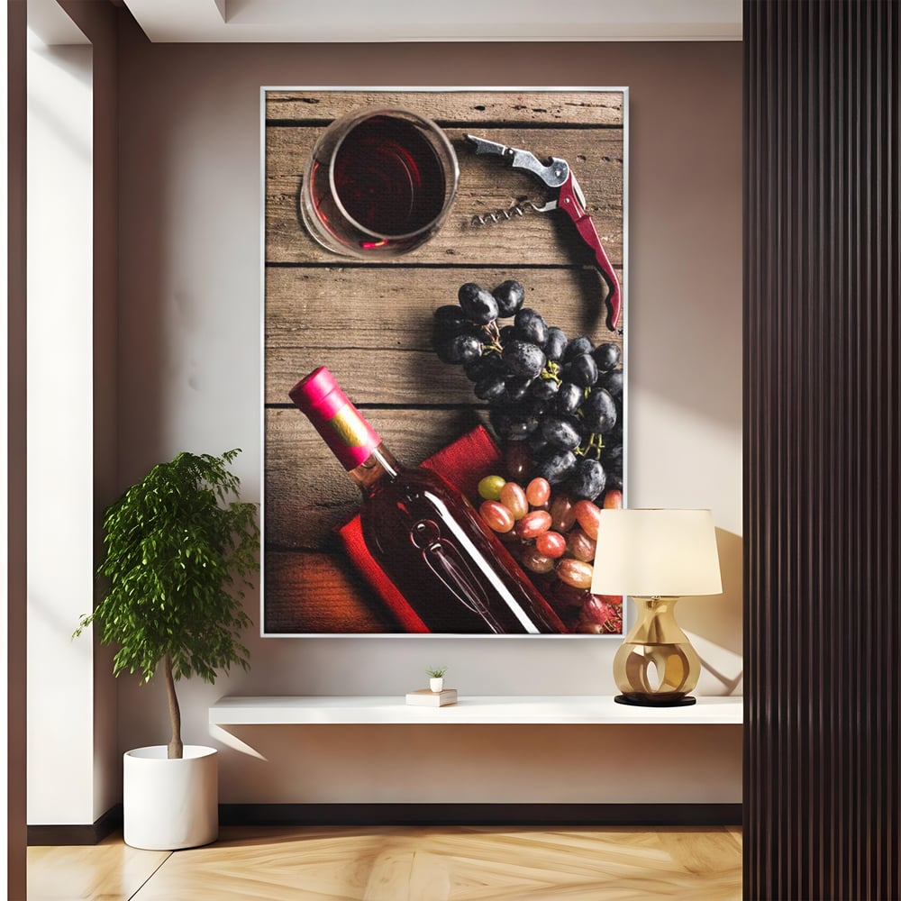 Tablou canvas cu natura statica cu sticla de vin si struguri, in rama de aluminiu argintiu