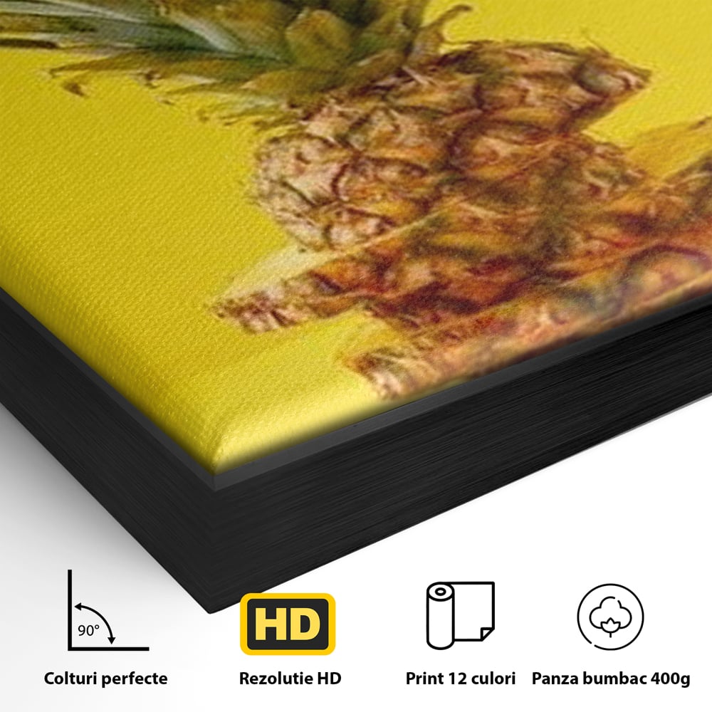Detaliu al suprafetei: tablou canvas cu ananas feliat, in rama de aluminiu negru