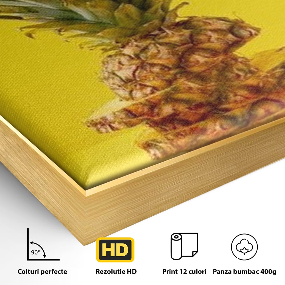 Detaliu al suprafetei: tablou canvas cu ananas feliat, in rama de aluminiu auriu