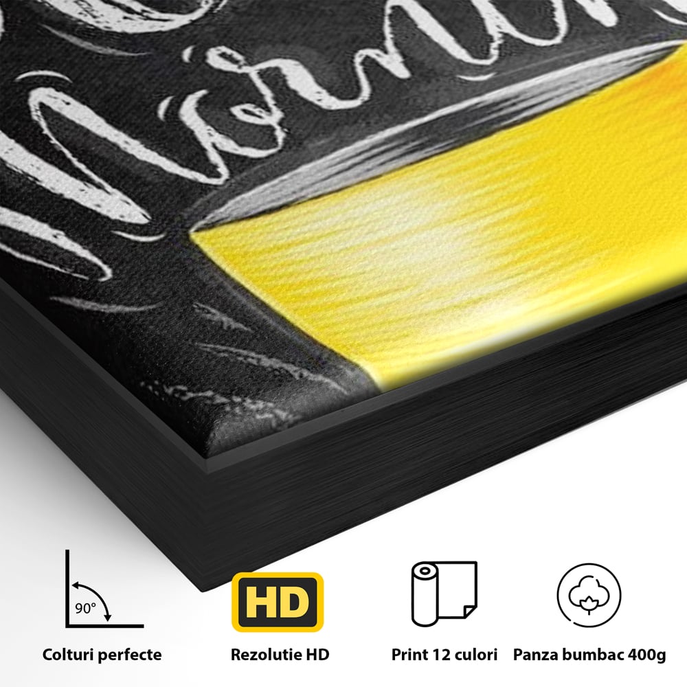 Detaliu al suprafetei: tablou canvas cu ceasca galbena, in rama de aluminiu negru