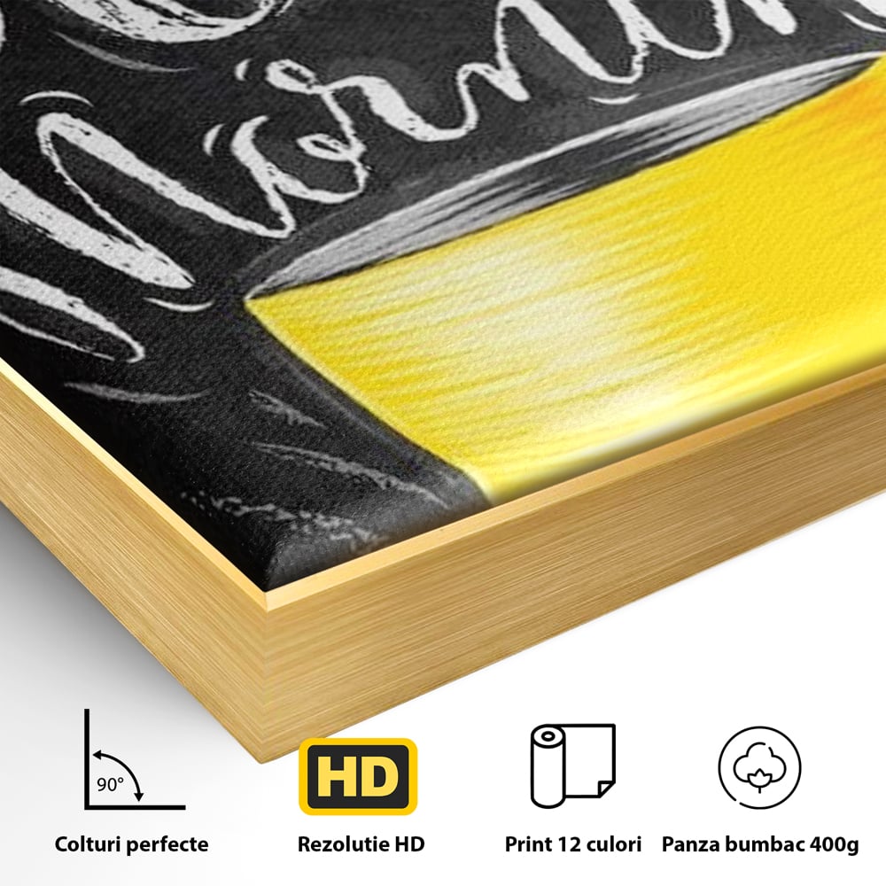Detaliu al suprafetei: tablou canvas cu ceasca galbena, in rama de aluminiu auriu
