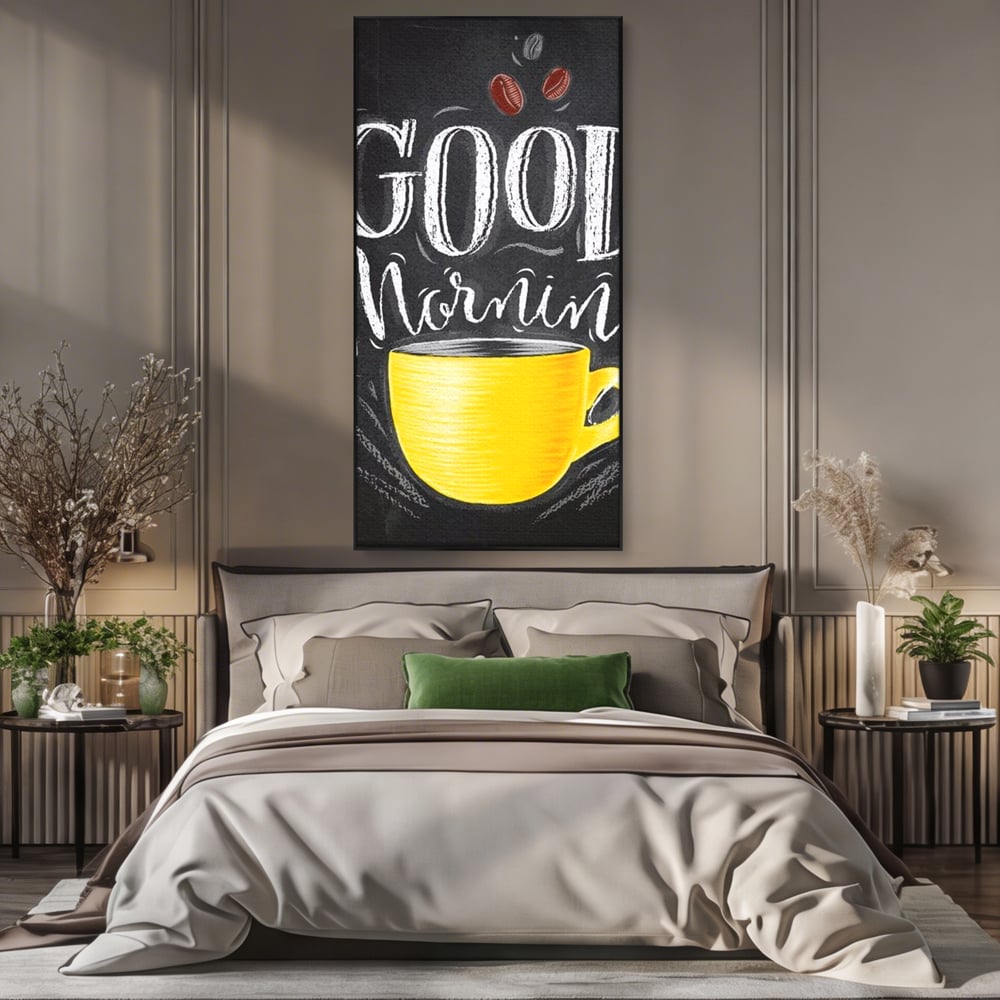 Tablou canvas cu tablou canvas cu ceasca galbena, in rama de aluminiu negru, pe perete intr-un dormitor