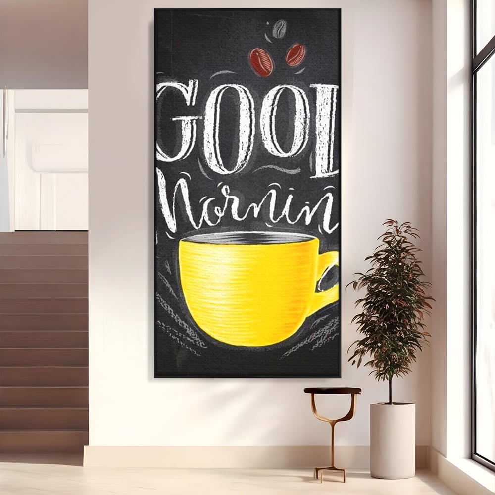 Tablou canvas cu tablou canvas cu ceasca galbena, in rama de aluminiu negru