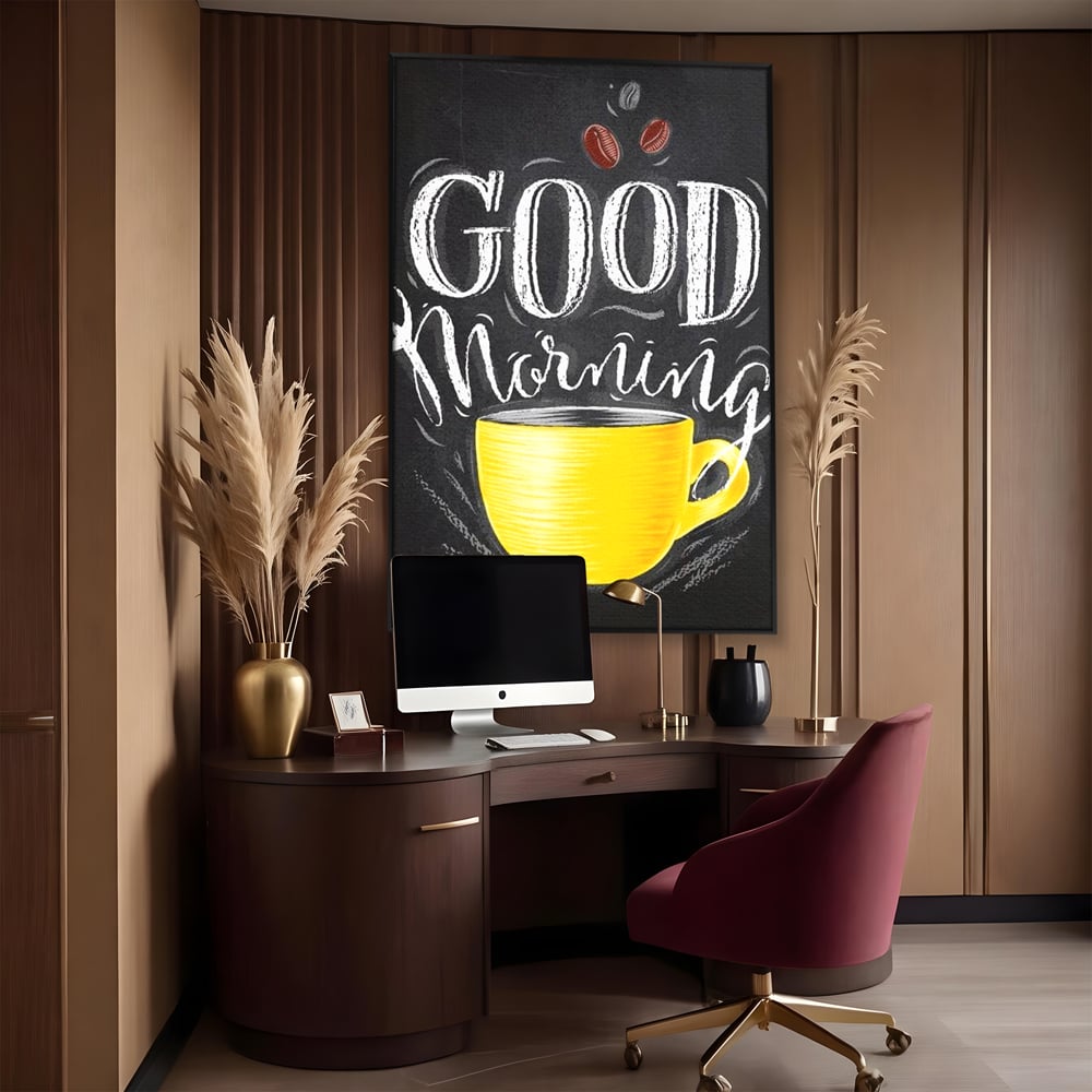 Tablou canvas cu tablou canvas cu ceasca galbena, in rama de aluminiu negru, pe perete intr-un birou