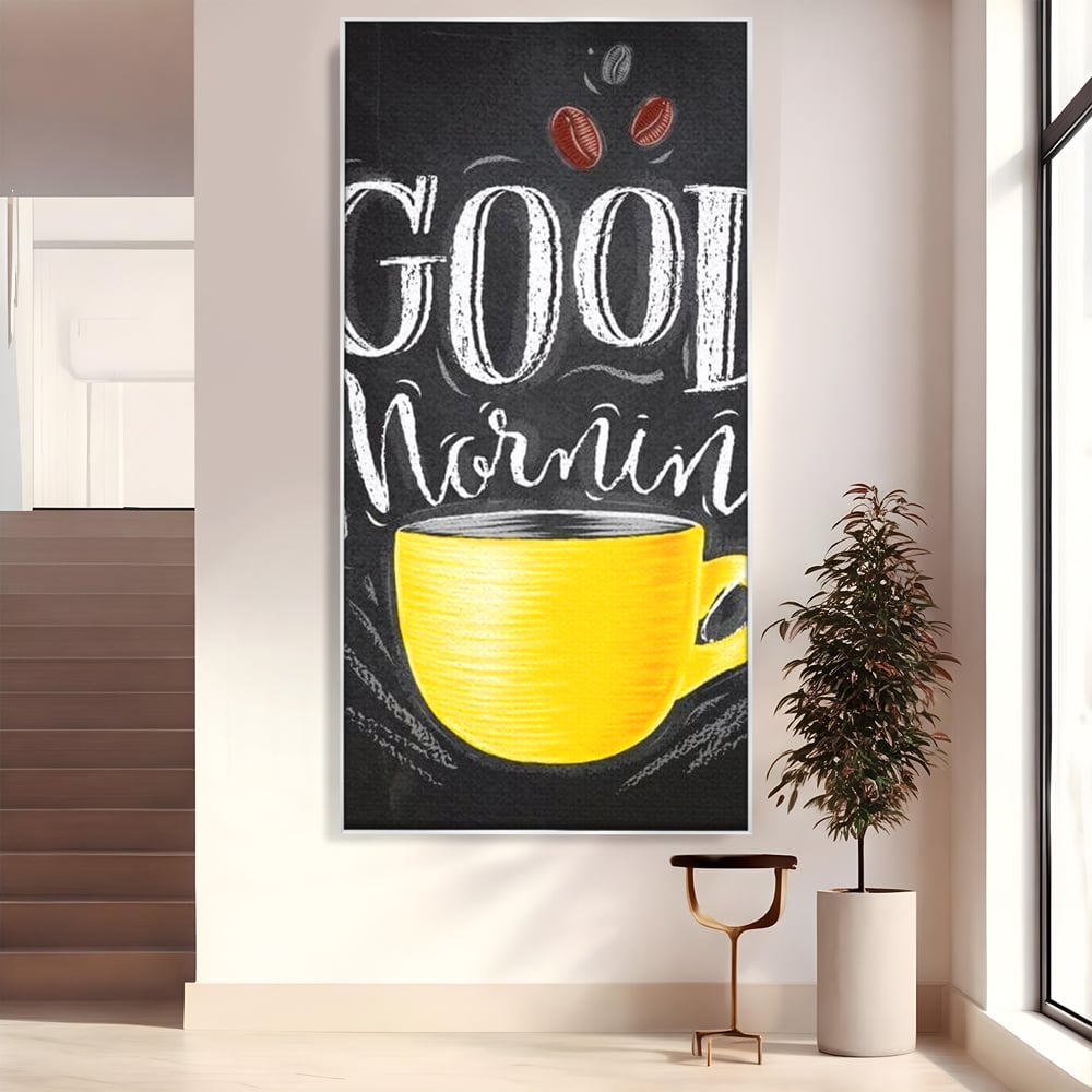 Tablou canvas cu tablou canvas cu ceasca galbena, in rama de aluminiu argintiu