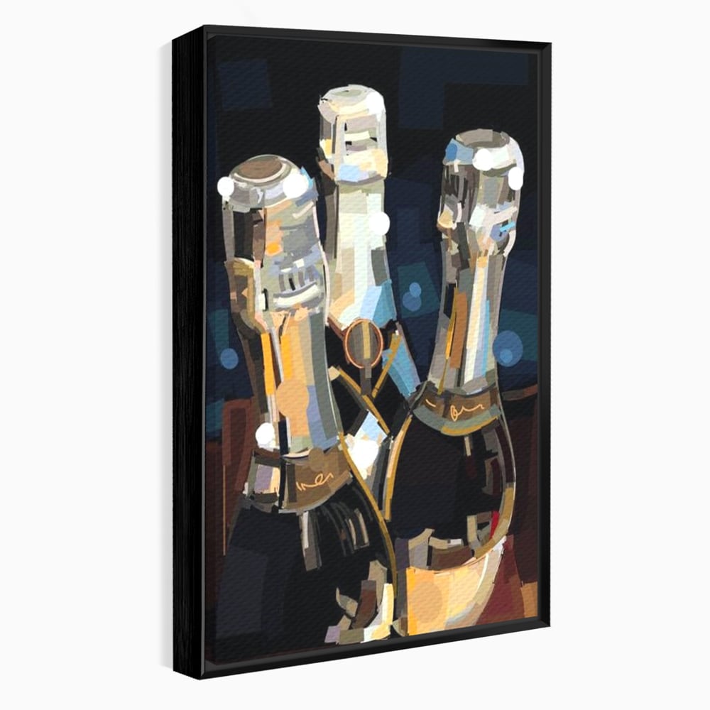 Tablou canvas cu pictura abstracta cu trei sticle de sampanie, in rama de aluminiu negru