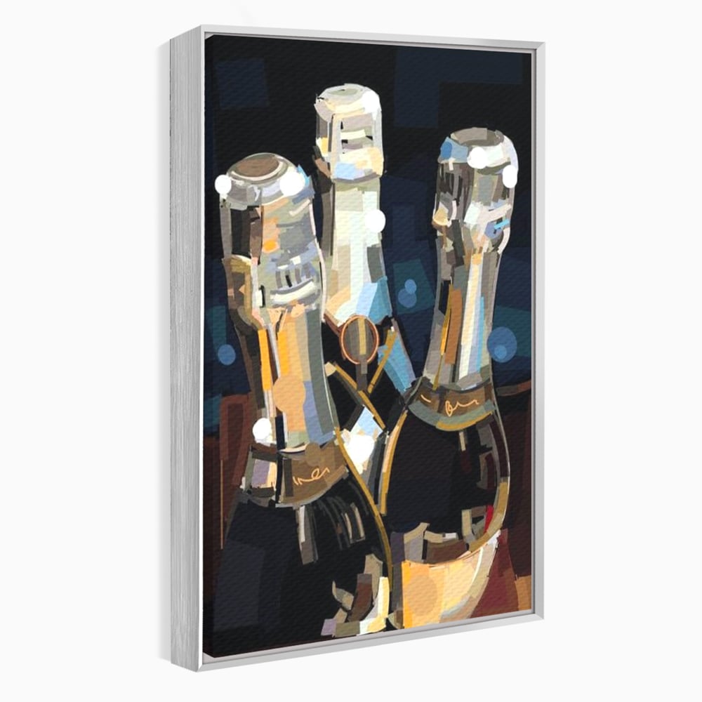 Tablou canvas cu pictura abstracta cu trei sticle de sampanie, in rama de aluminiu argintiu