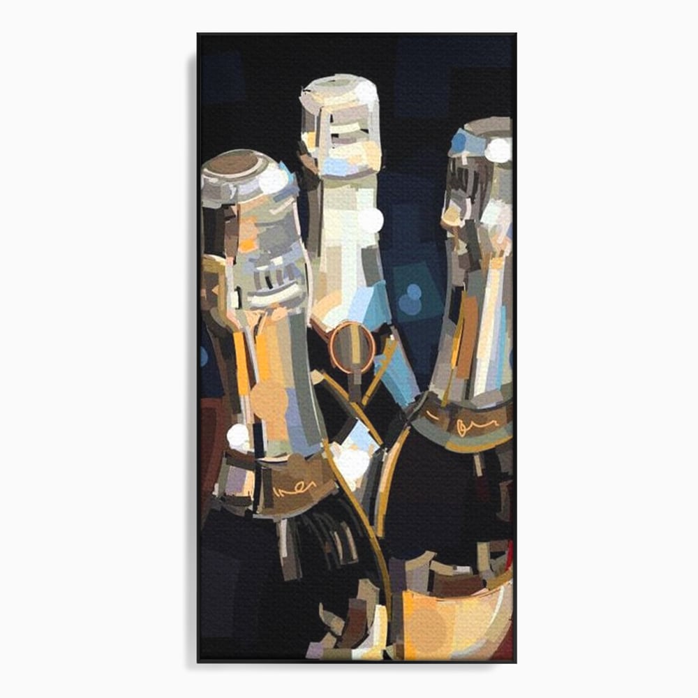 Tablou canvas cu pictura abstracta cu trei sticle de sampanie, in rama de aluminiu negru