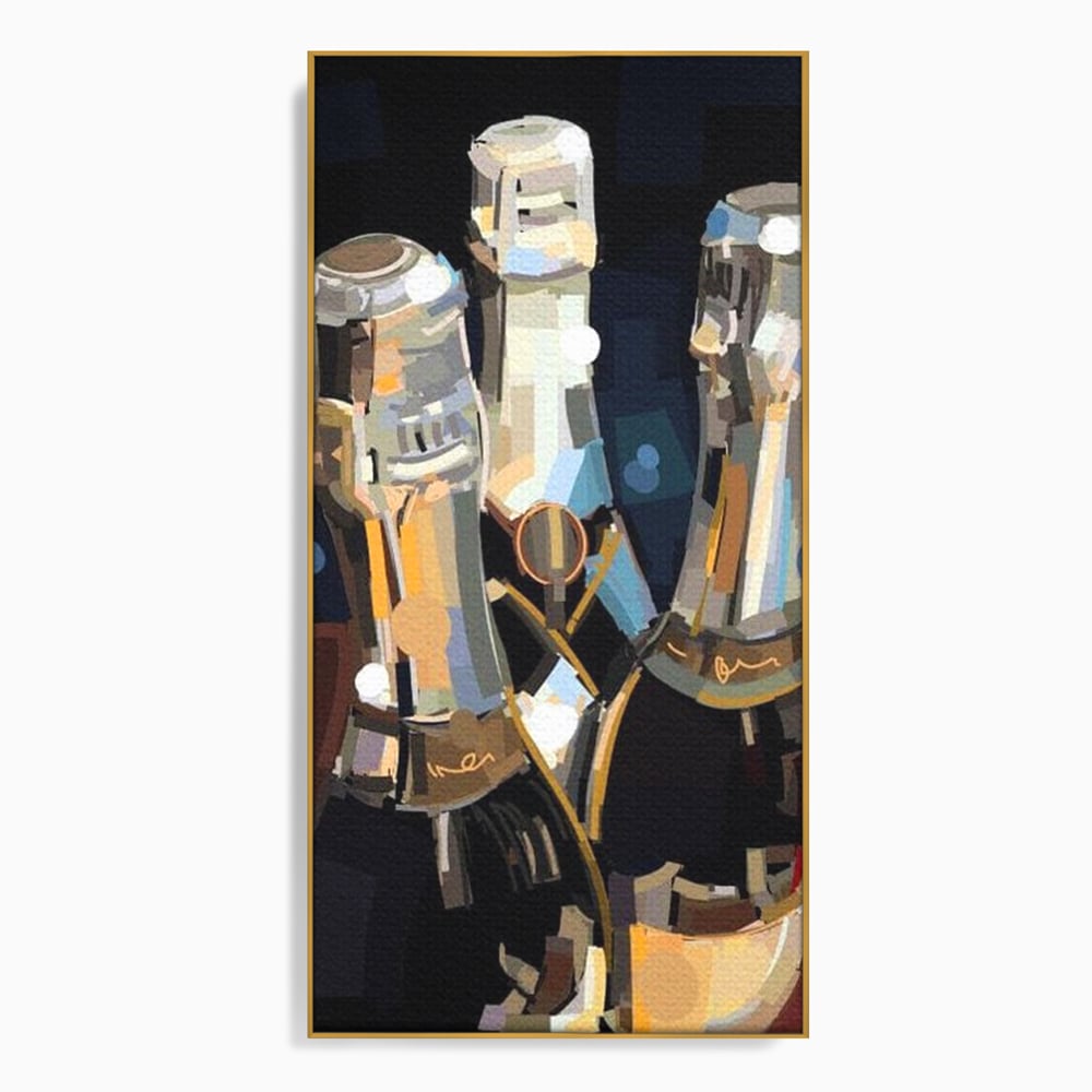 Tablou canvas cu pictura abstracta cu trei sticle de sampanie, in rama de aluminiu auriu