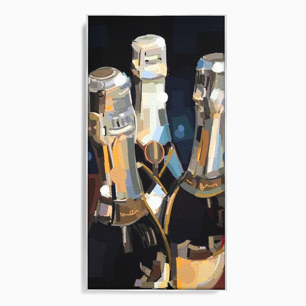 Tablou canvas cu pictura abstracta cu trei sticle de sampanie, in rama de aluminiu argintiu