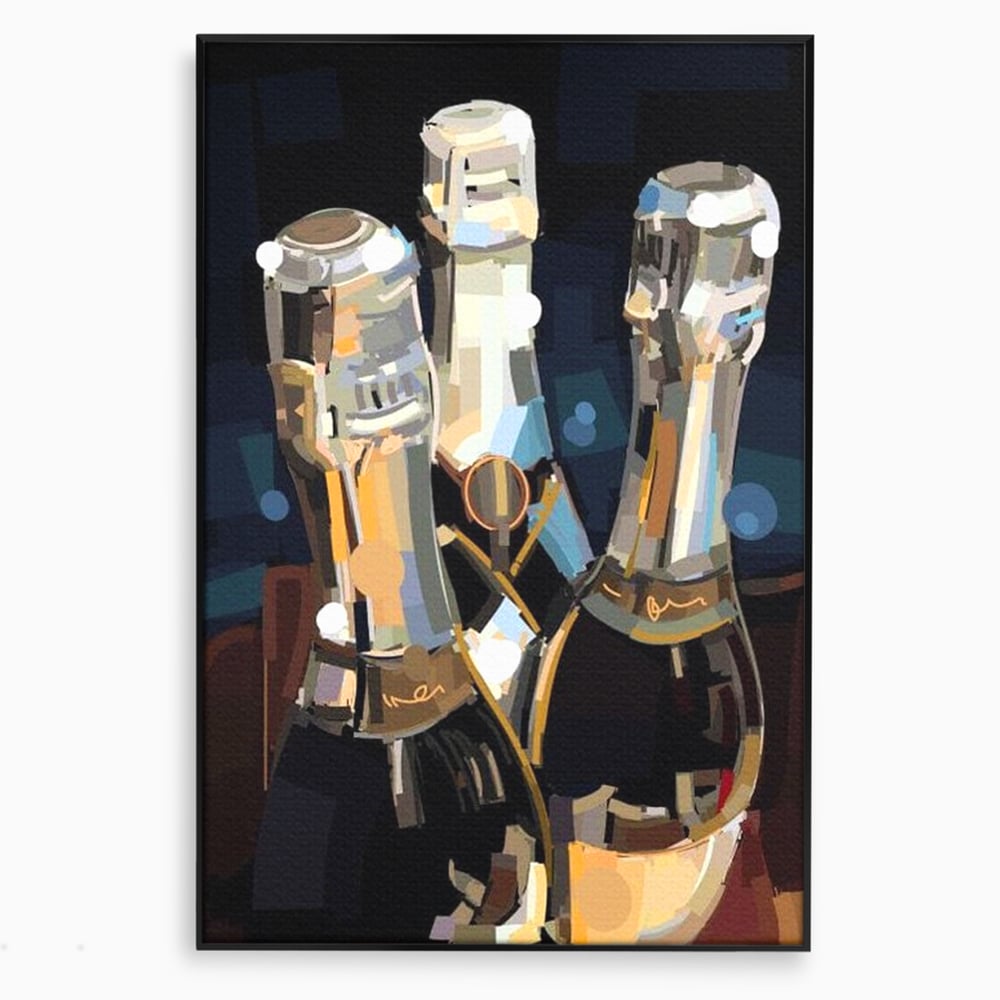 Tablou canvas cu pictura abstracta cu trei sticle de sampanie, in rama de aluminiu negru