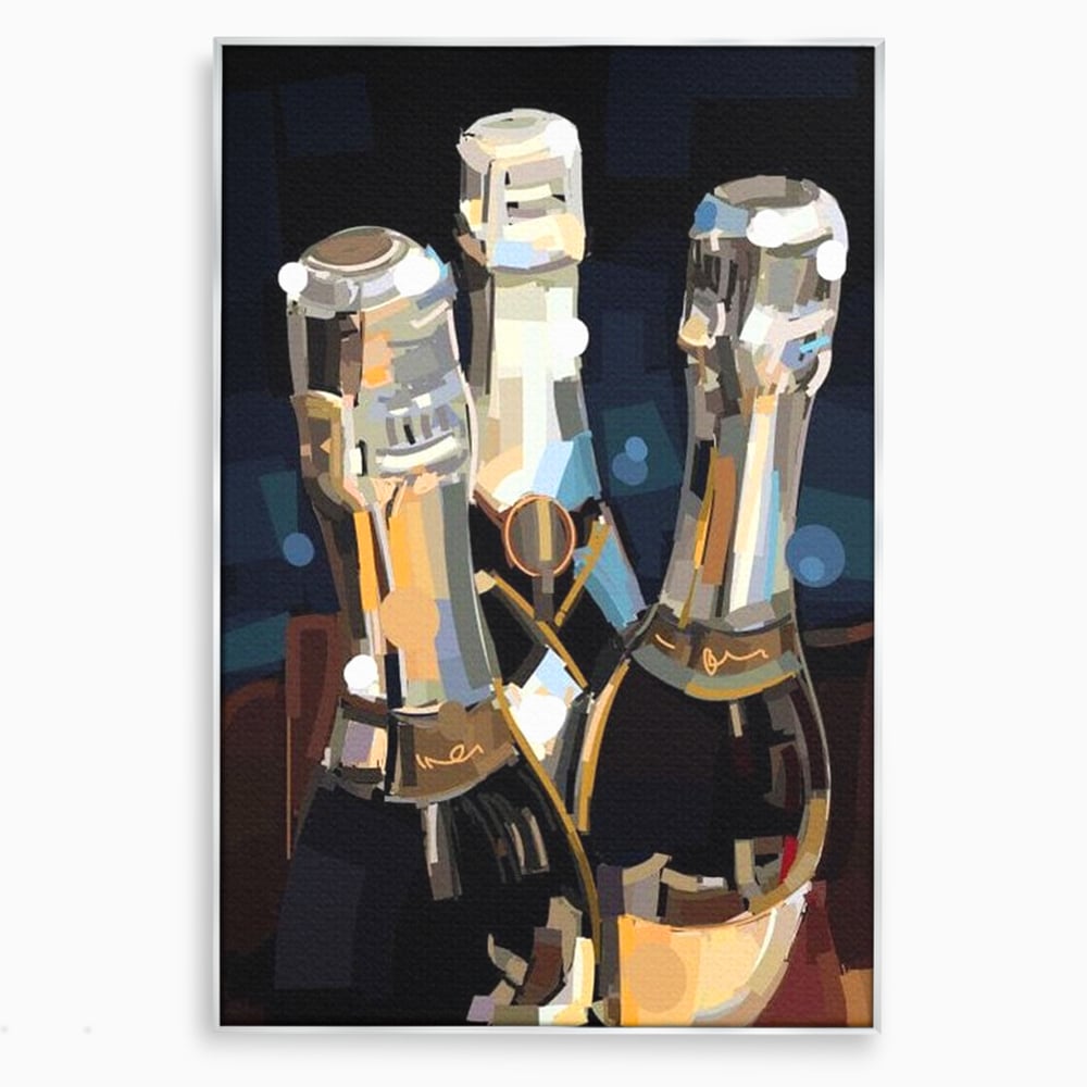 Tablou canvas cu pictura abstracta cu trei sticle de sampanie, in rama de aluminiu argintiu