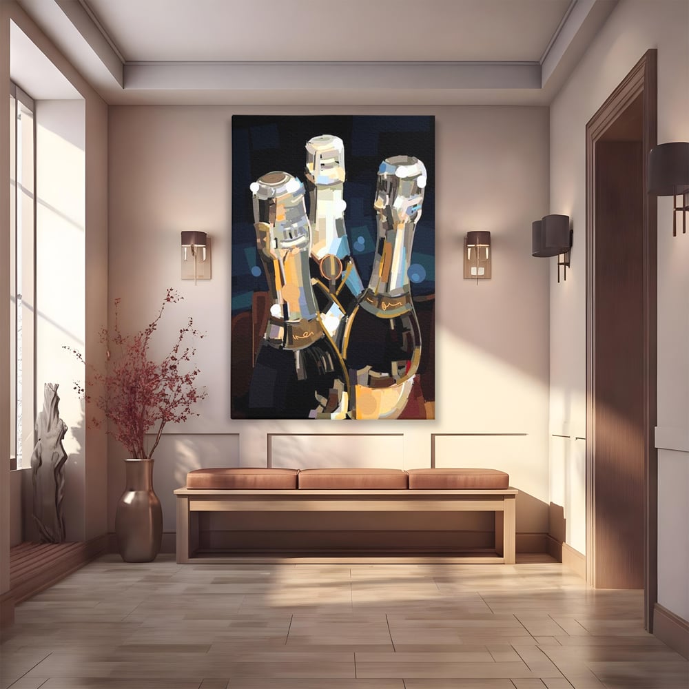 Tablou canvas cu pictura abstracta cu trei sticle de sampanie, fara rama, pe sasiu de lemn