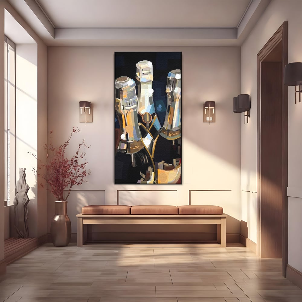 Tablou canvas cu pictura abstracta cu trei sticle de sampanie, in rama de aluminiu negru