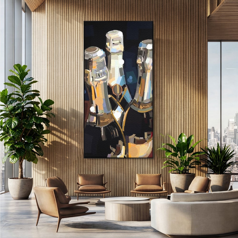 Tablou canvas cu pictura abstracta cu trei sticle de sampanie, in rama de aluminiu negru, pe perete intr-un birou