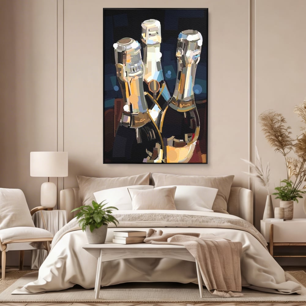 Tablou canvas cu pictura abstracta cu trei sticle de sampanie, in rama de aluminiu negru, pe perete intr-un dormitor