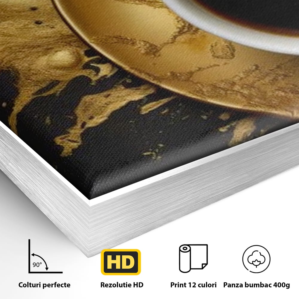Detaliu al suprafetei: tablou canvas cu ceasca de cafea, in rama de aluminiu argintiu