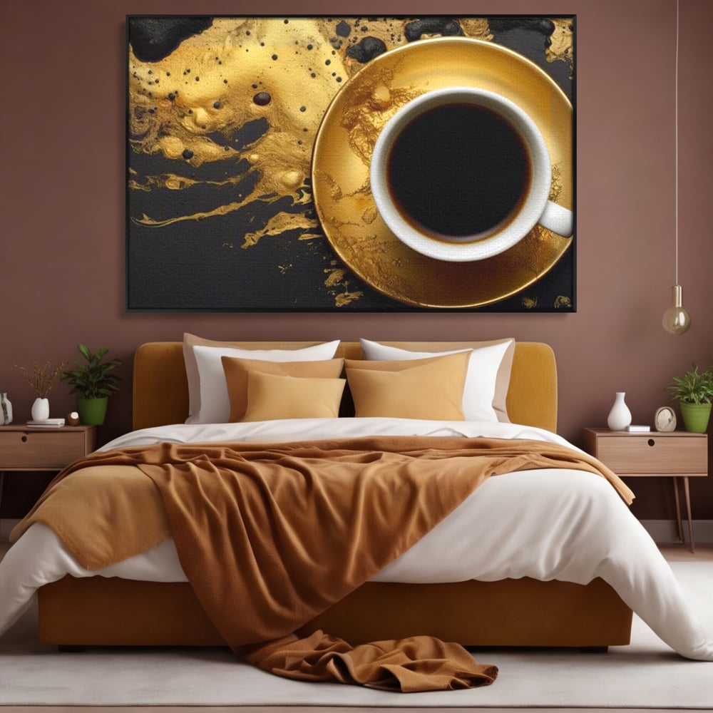 Tablou canvas cu tablou canvas cu ceasca de cafea, in rama de aluminiu negru, pe perete intr-un dormitor