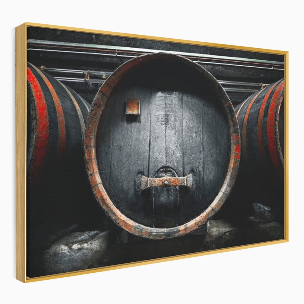 Tablou canvas cu butoaie de lemn din crama, in rama de aluminiu auriu