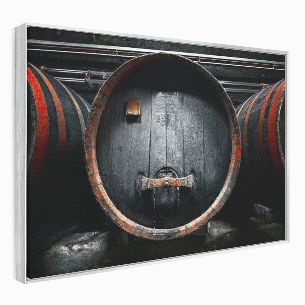 Tablou canvas cu butoaie de lemn din crama, in rama de aluminiu argintiu