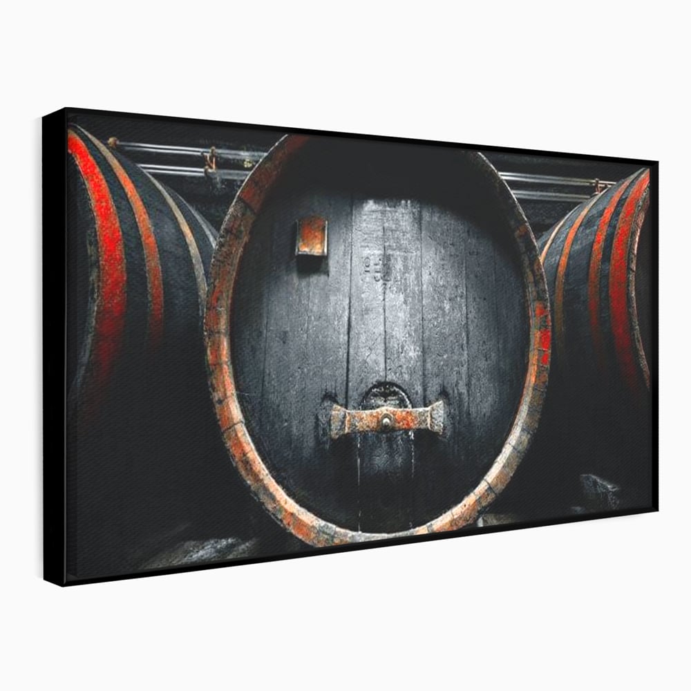 Tablou canvas cu butoaie de lemn din crama, in rama de aluminiu negru