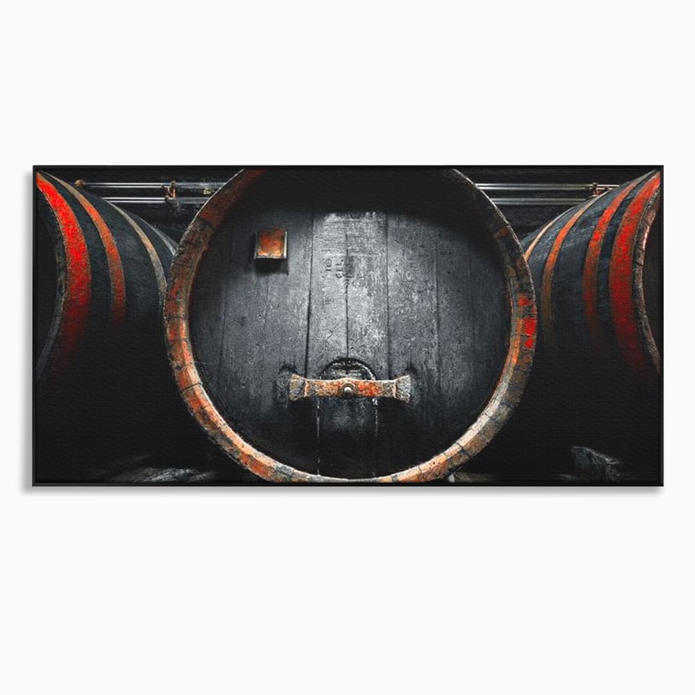 Tablou canvas cu butoaie de lemn din crama, in rama de aluminiu negru