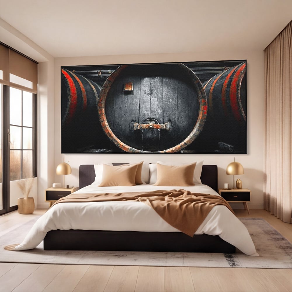 Tablou canvas cu butoaie de lemn din crama, in rama de aluminiu negru, pe perete intr-un dormitor