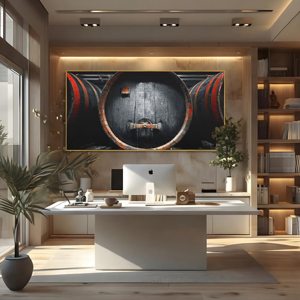 Tablou canvas cu butoaie de lemn din crama, in rama de aluminiu auriu, pe perete intr-un birou